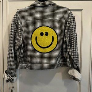HipChik Couture Black&White SM Cropped Checked Jacket with Smiley Face on Back